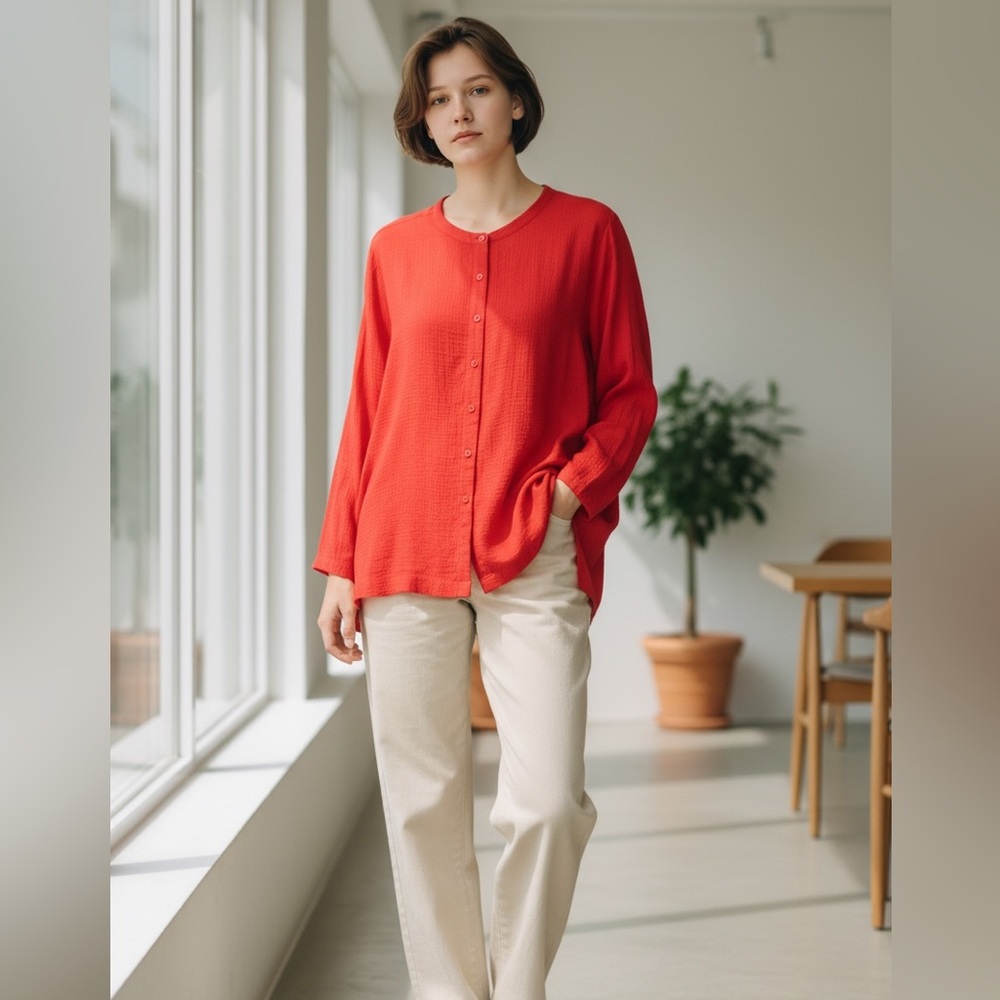Vintage Eileen Fisher Textured Red Silk Button Down Tunic Shirt Size S/M Layers